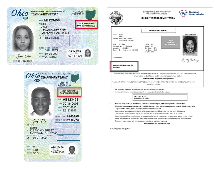 Examples of Ohio Temporary Permits and Interim Documentation marked Non Renewable / Non Transferable for Limited Term License holders